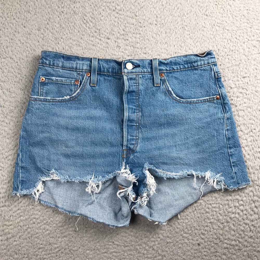 Levis 501 Original Shorts Women 32 Blue 2.5" Denim High Rise Cutoff Frayed NEW